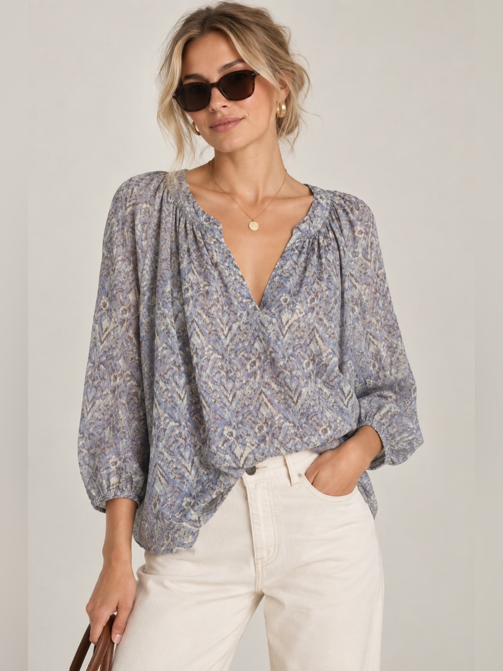 Max Studio 100% Silk Peasant Blouse Tribal Print | Size Medium
